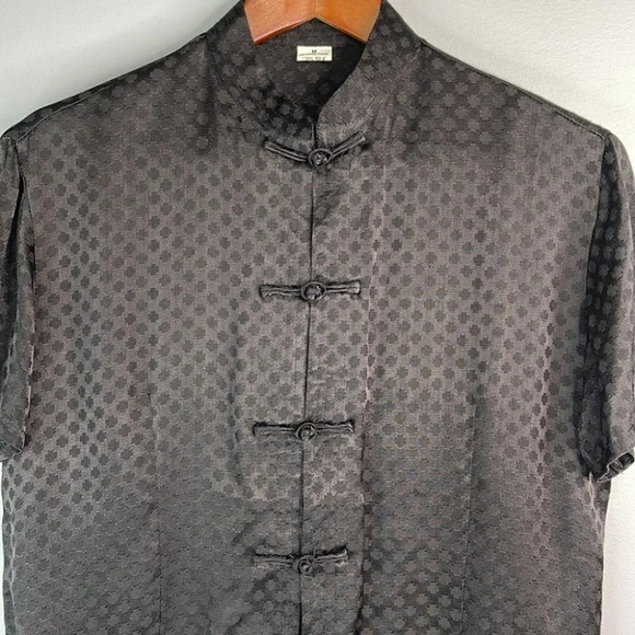 MANDERIN Style Silk Pattern Blouse Black Short Sleeve Toggle Knot Closure M - Picture 3 of 12